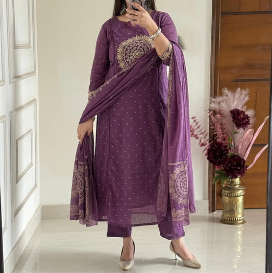 Elegant Purple Cotton Dupatta Set