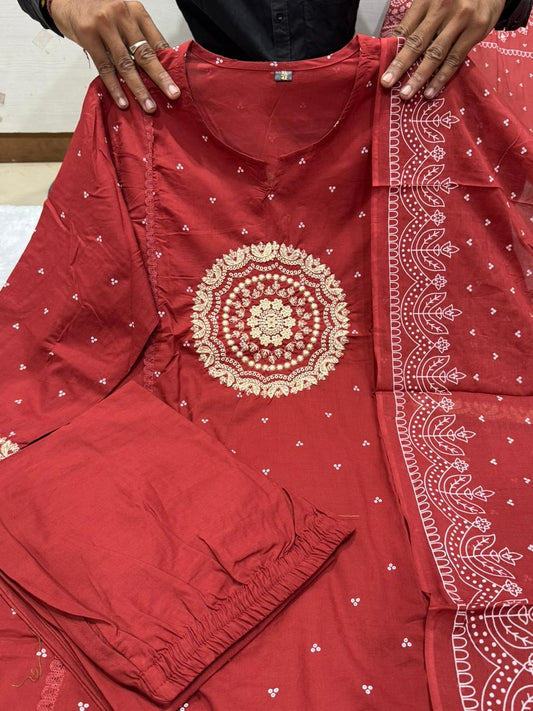 Elegant Red Cotton Dupatta Set