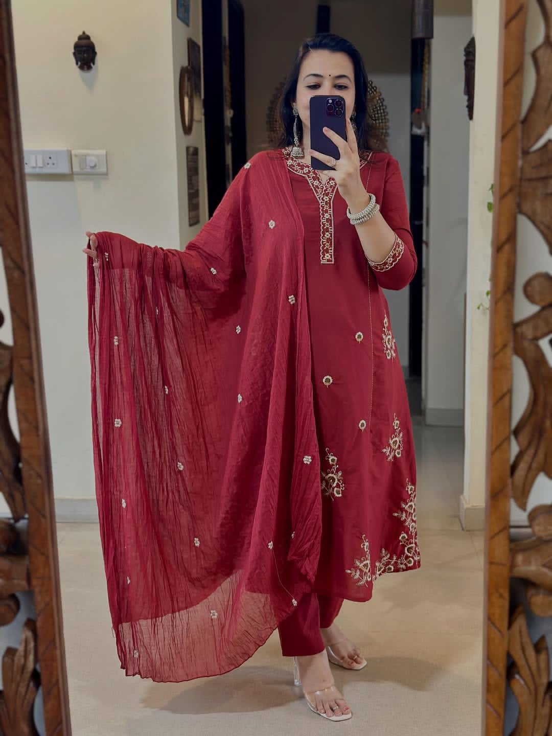 Beautiful Red Embroidery Dupatta Set