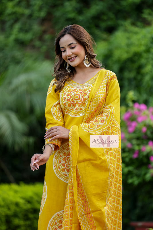 Women's Yellow Cotton Dupatta Set