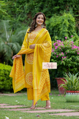 Women's Yellow Cotton Dupatta Set