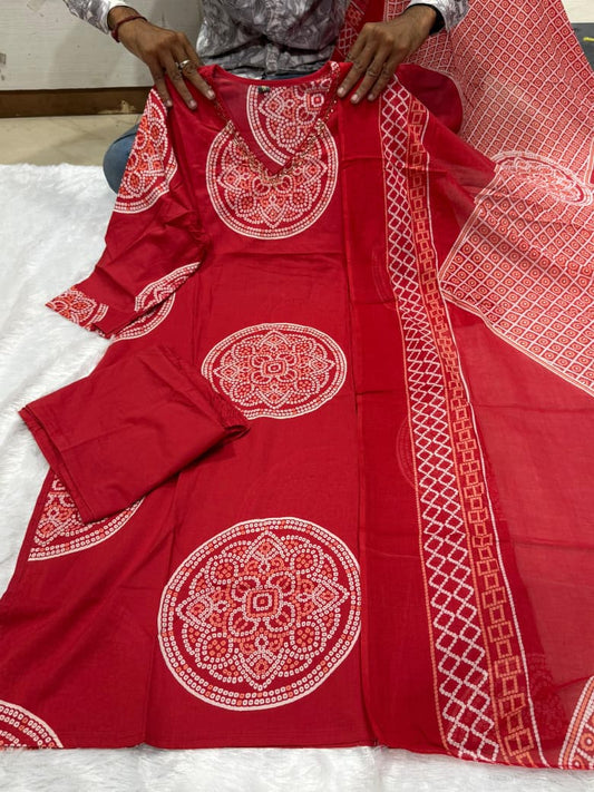 Women's Red Cotton Dupatta Set