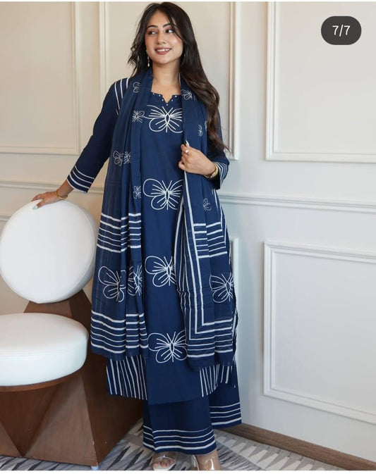 Perfect Blue Cotton Dupatta Set