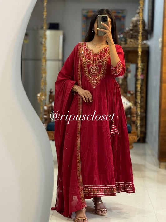Beautiful Red Cotton Dupatta Set