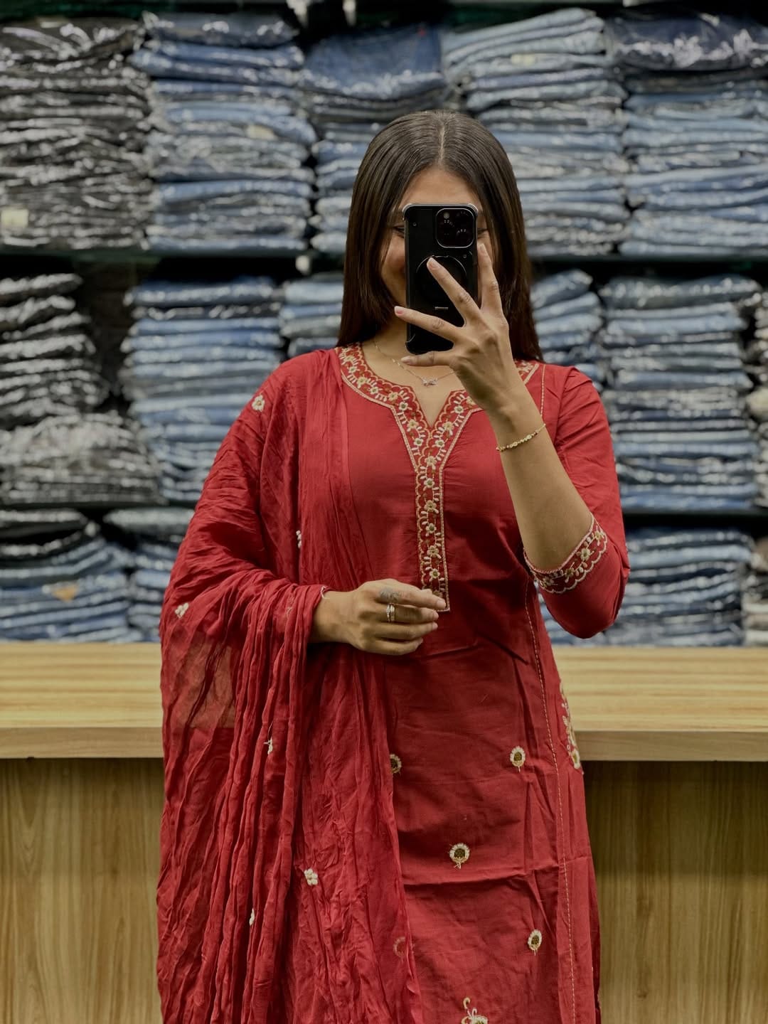 Women's Maroon Cotton Dupatta Set