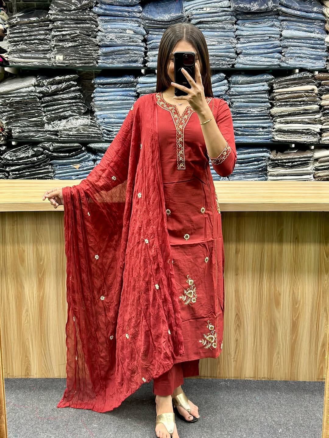 Women's Maroon Cotton Dupatta Set