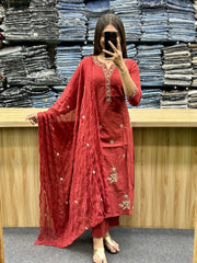 Women's Maroon Cotton Dupatta Set