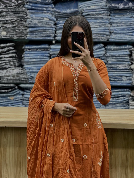 Women's Rust Orange Cotton Dupatta Set