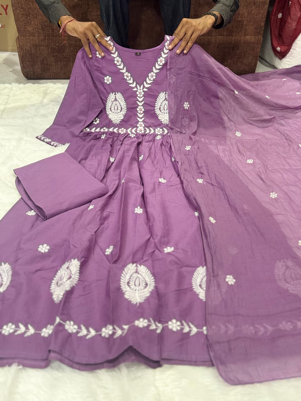Lavender Cotton Mal Anarkali Embroidery Set