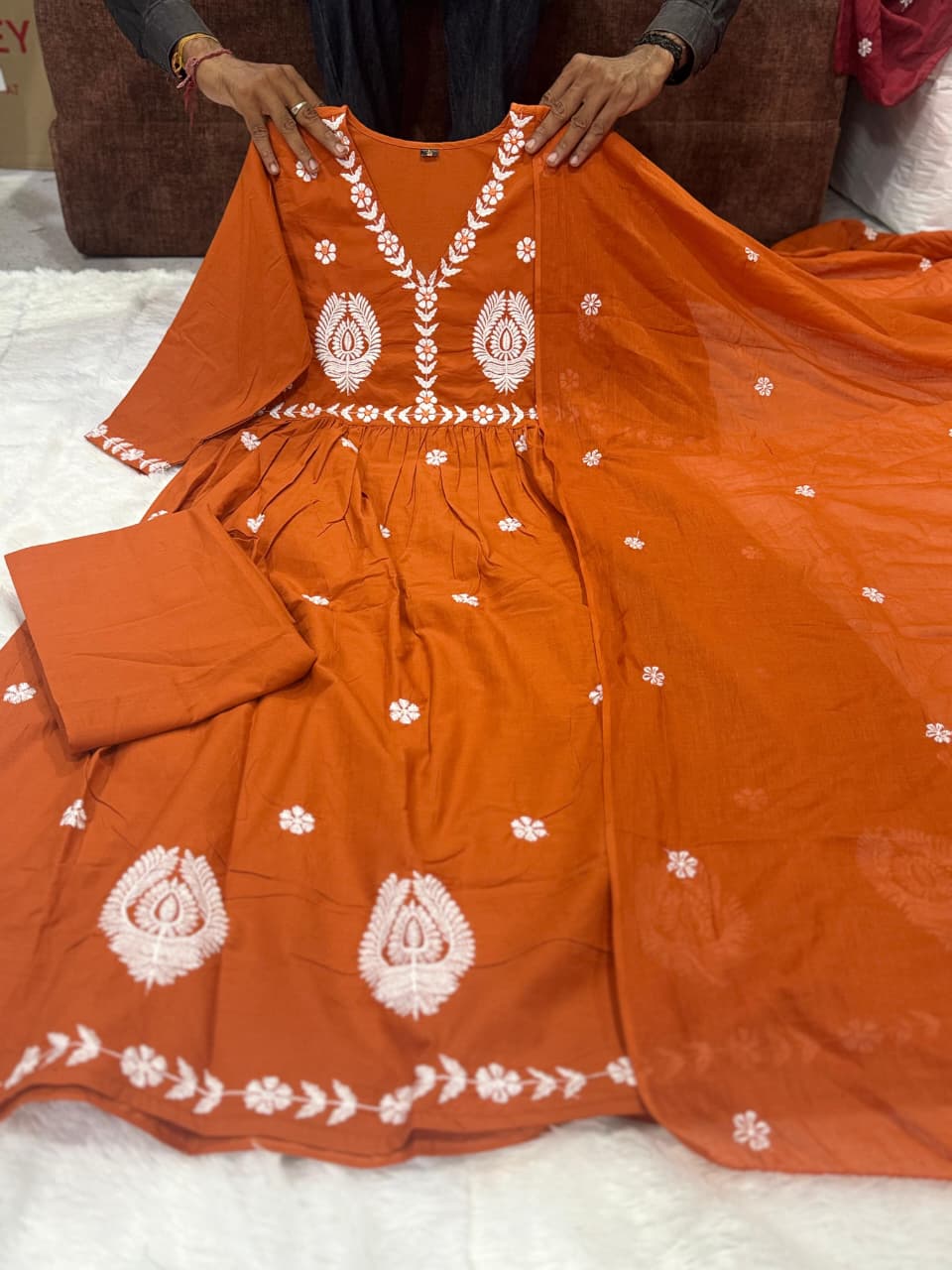 Orange Cotton Mal Anarkali Embroidery Set