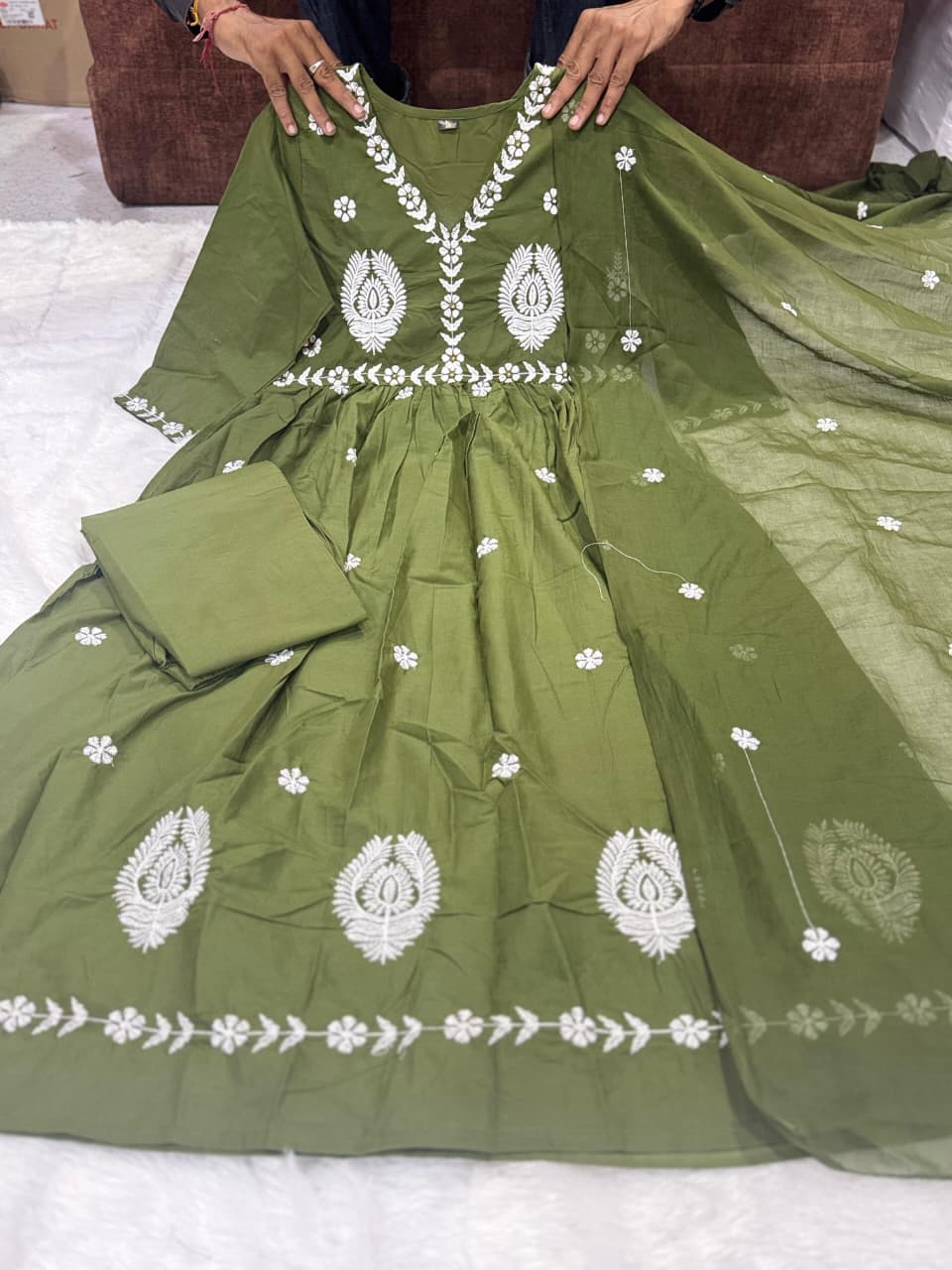Olive Green Cotton Mal Anarkali Embroidery Set