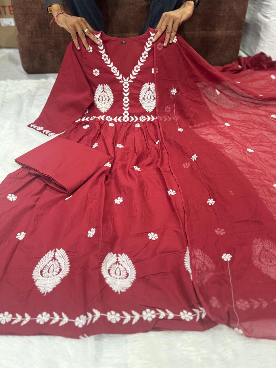 Maroon Cotton Mal Anarkali Embroidery Set