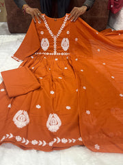 Orange Cotton Mal Anarkali Embroidery Set
