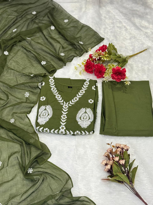 Olive Green Cotton Mal Anarkali Embroidery Set