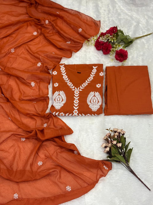 Orange Cotton Mal Anarkali Embroidery Set