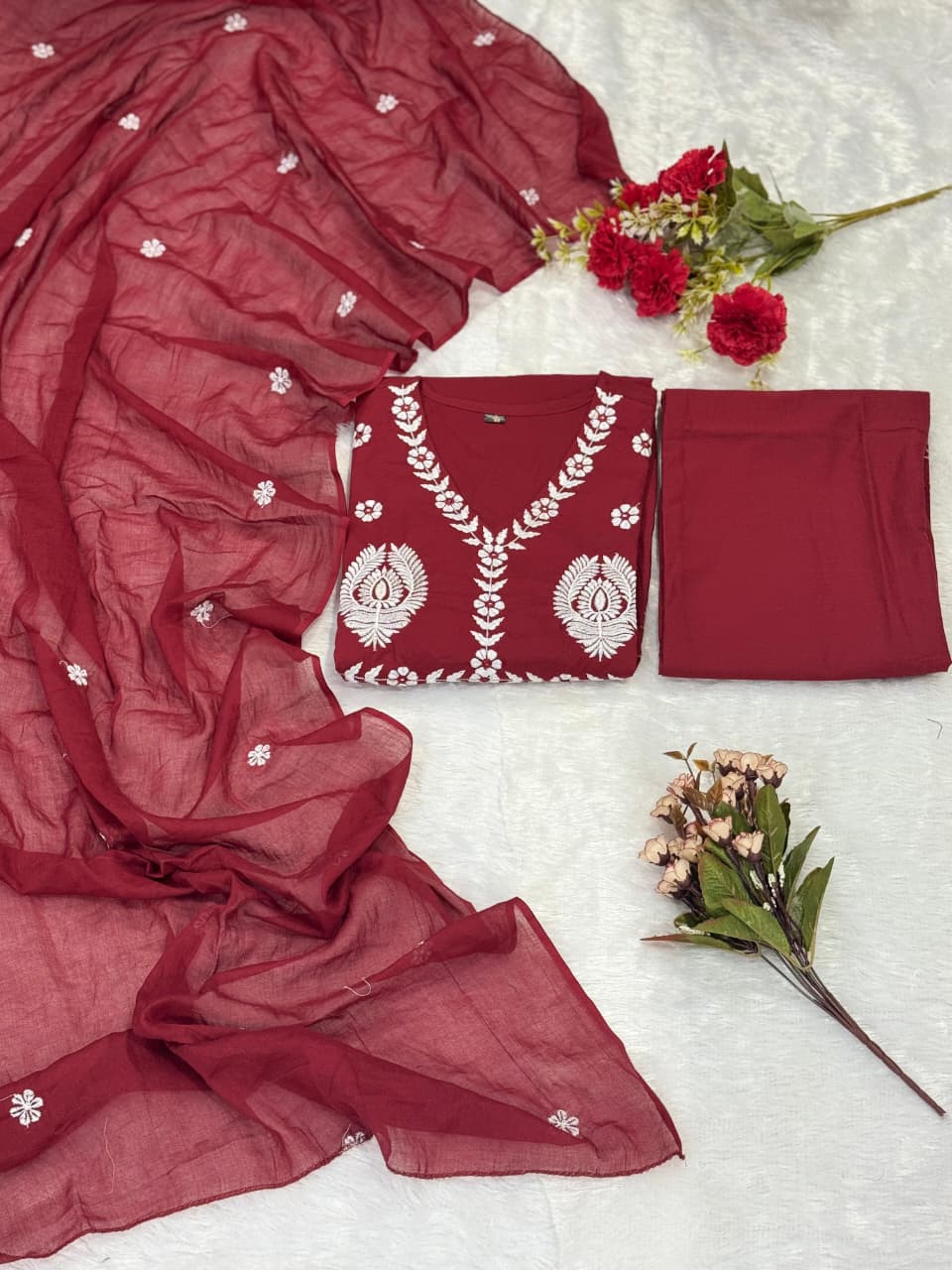 Maroon Cotton Mal Anarkali Embroidery Set