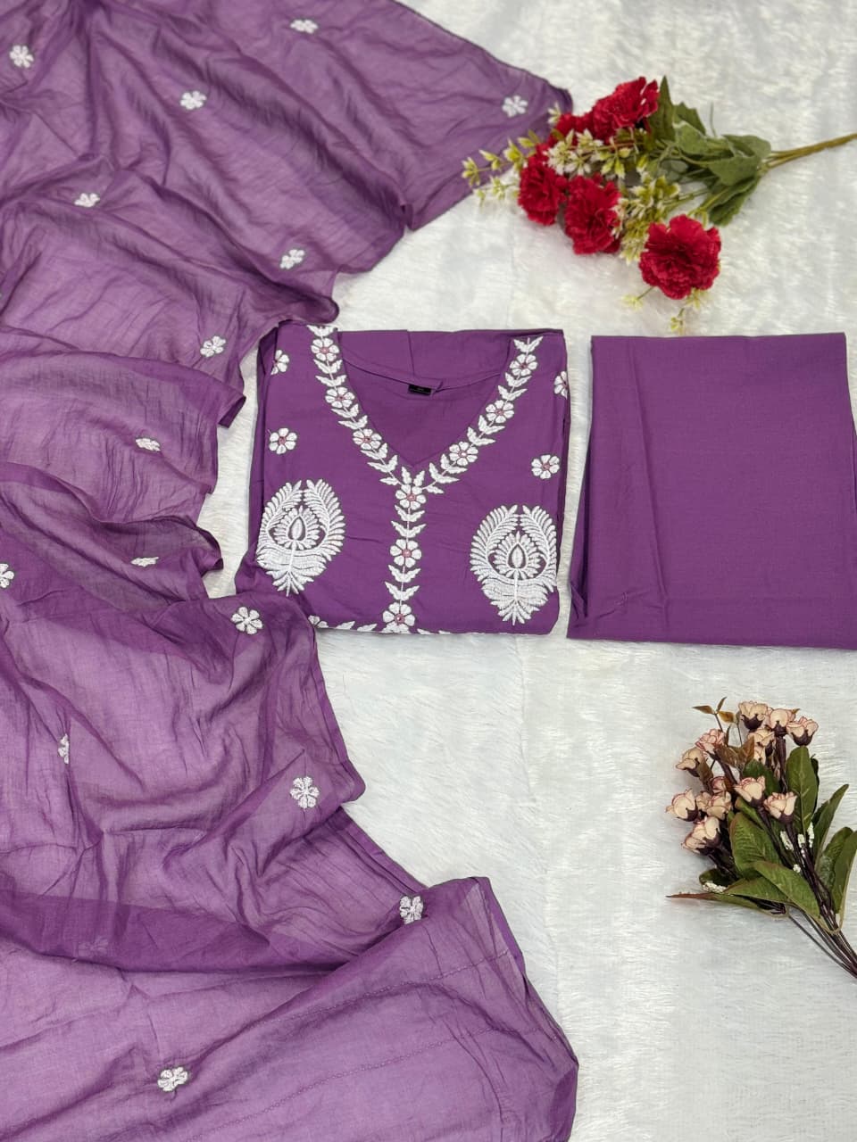 Lavender Cotton Mal Anarkali Embroidery Set