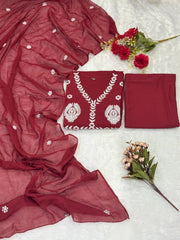 Maroon Cotton Mal Anarkali Embroidery Set