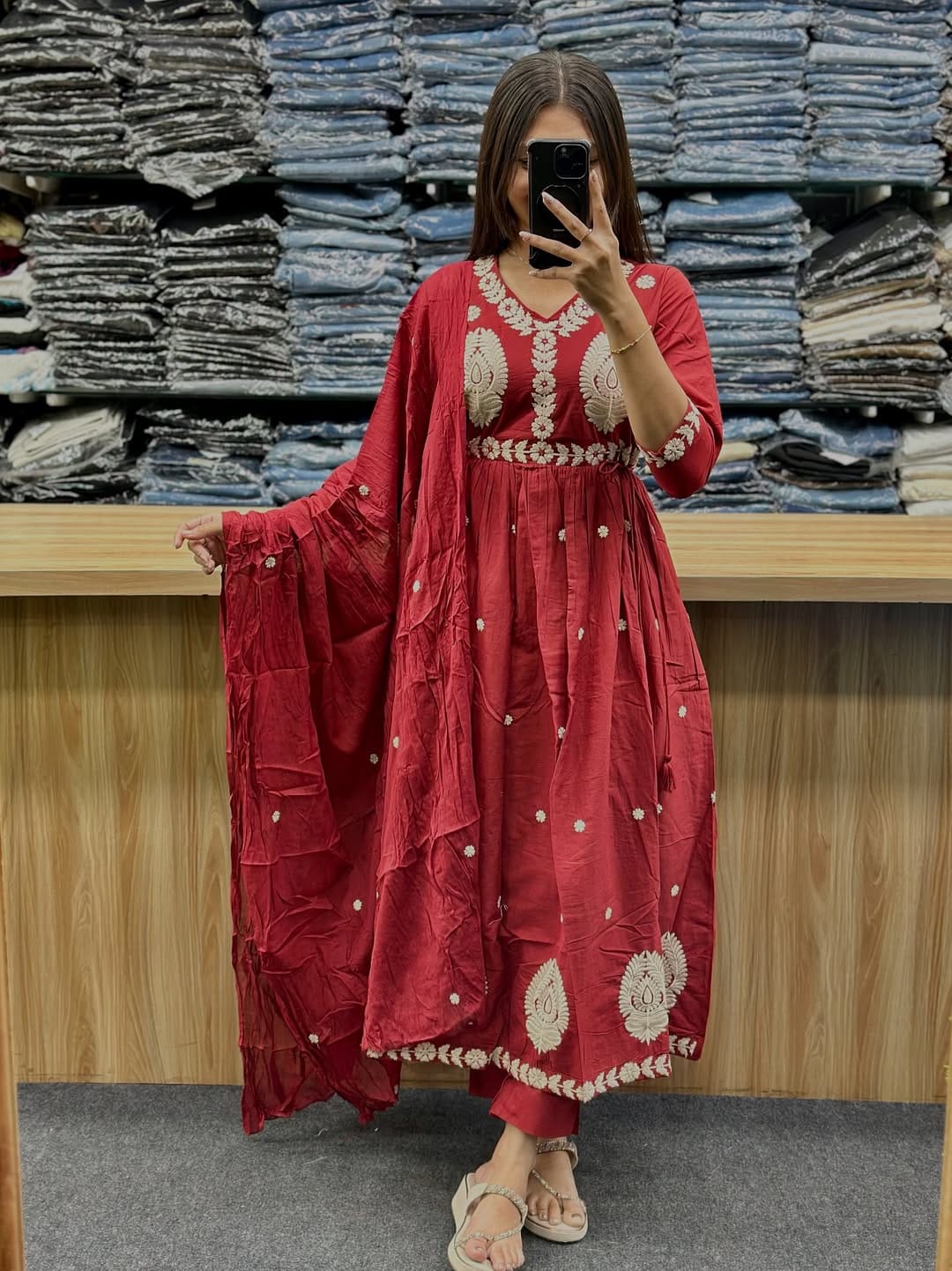 Maroon Cotton Mal Anarkali Embroidery Set