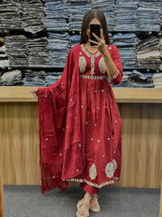 Maroon Cotton Mal Anarkali Embroidery Set