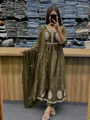 Olive Green Cotton Mal Anarkali Embroidery Set