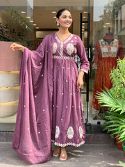 Lavender Cotton Mal Anarkali Embroidery Set