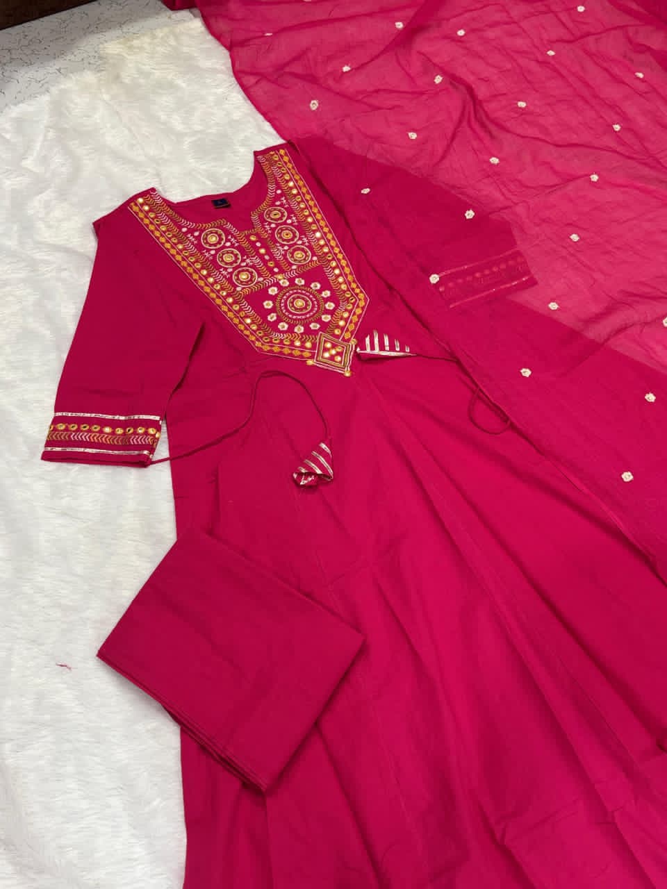 Rani Cotton Mal Mirror Work Embroidered Kurta Set.
