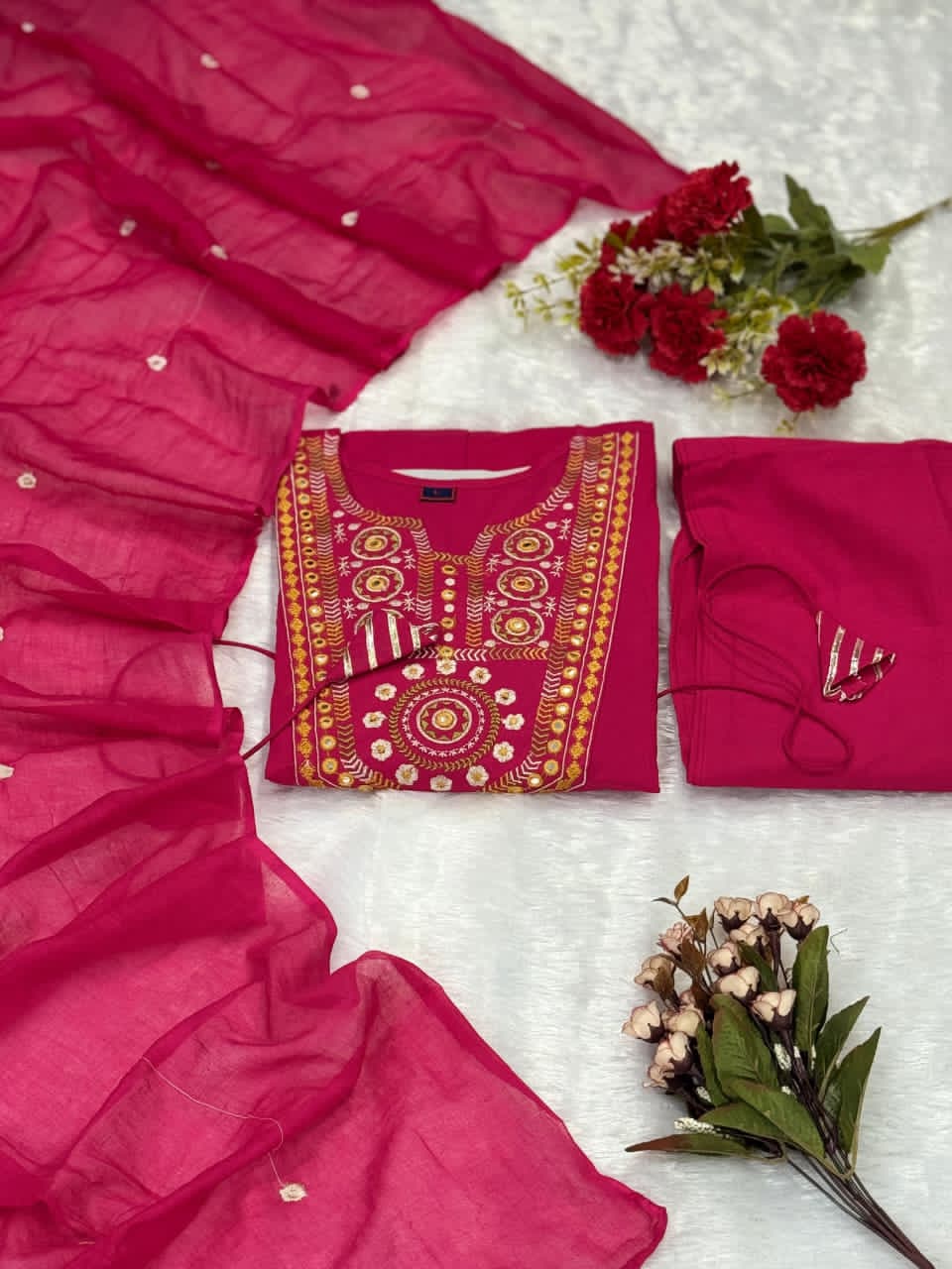 Rani Cotton Mal Mirror Work Embroidered Kurta Set.