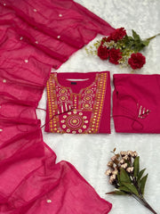 Rani Cotton Mal Mirror Work Embroidered Kurta Set.