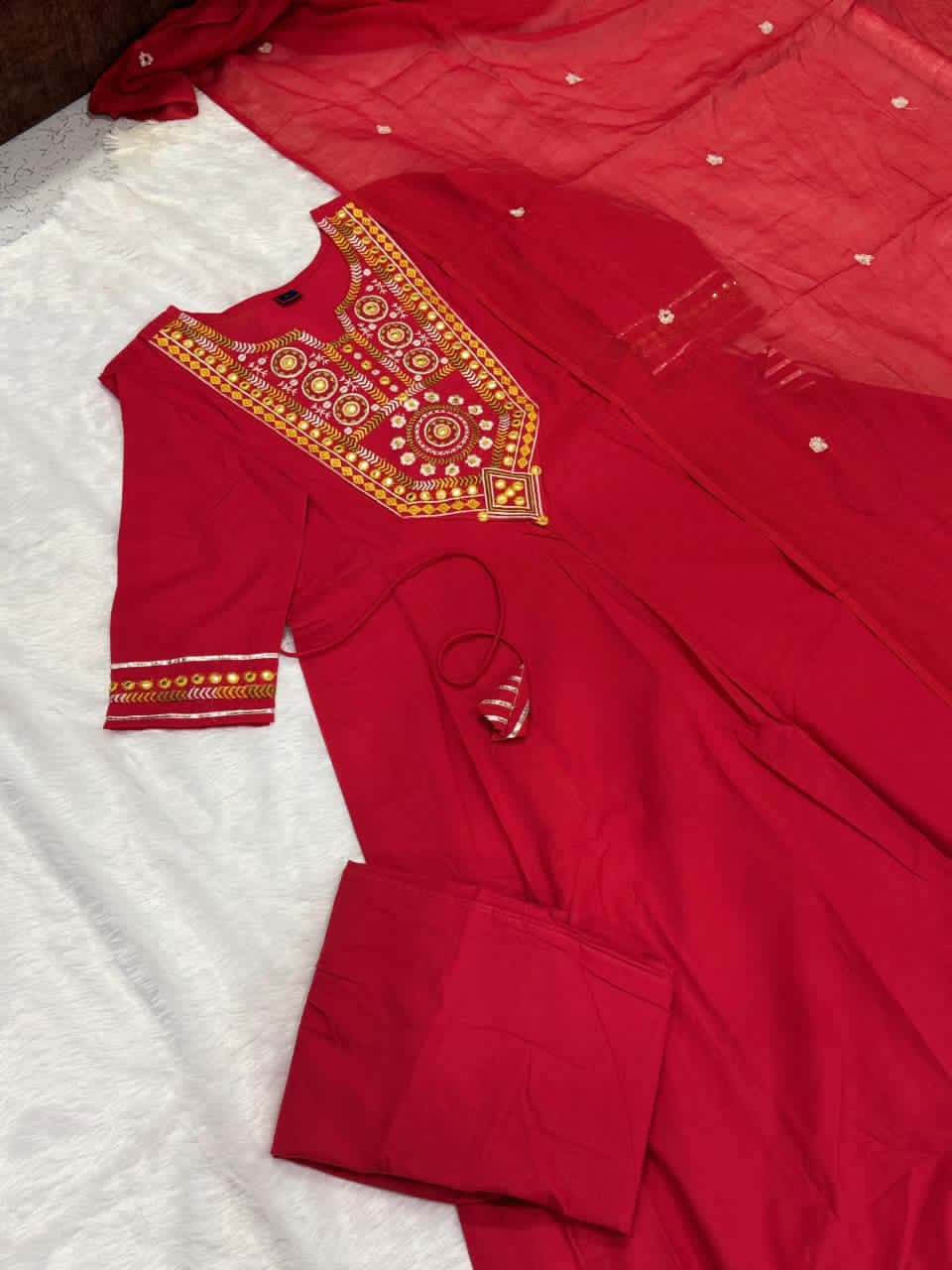 Maroon Cotton Mal Mirror Work Embroidered Kurta Set.