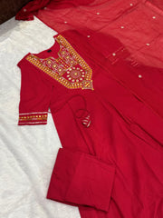 Maroon Cotton Mal Mirror Work Embroidered Kurta Set.