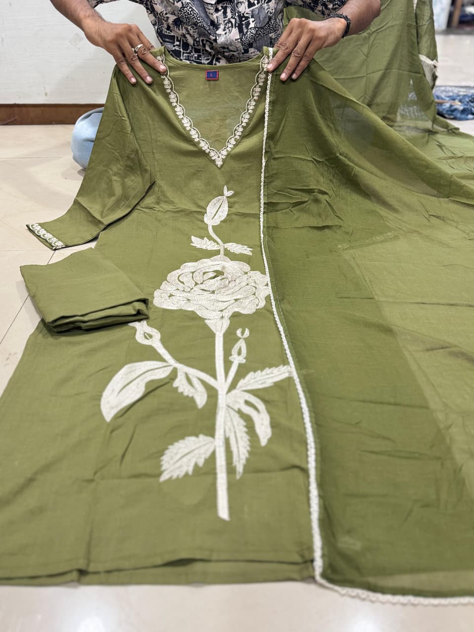 Elegant Green Cotton Dupatta Set