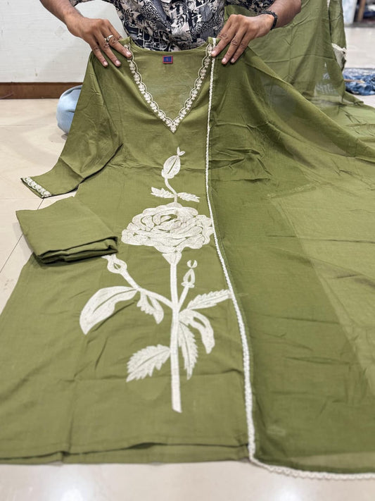 Elegant Green Cotton Dupatta Set