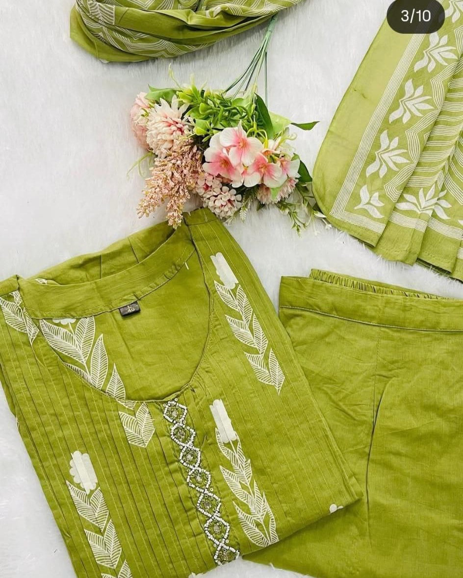 Mehndi Green Embroidered Cotton Kurta Set