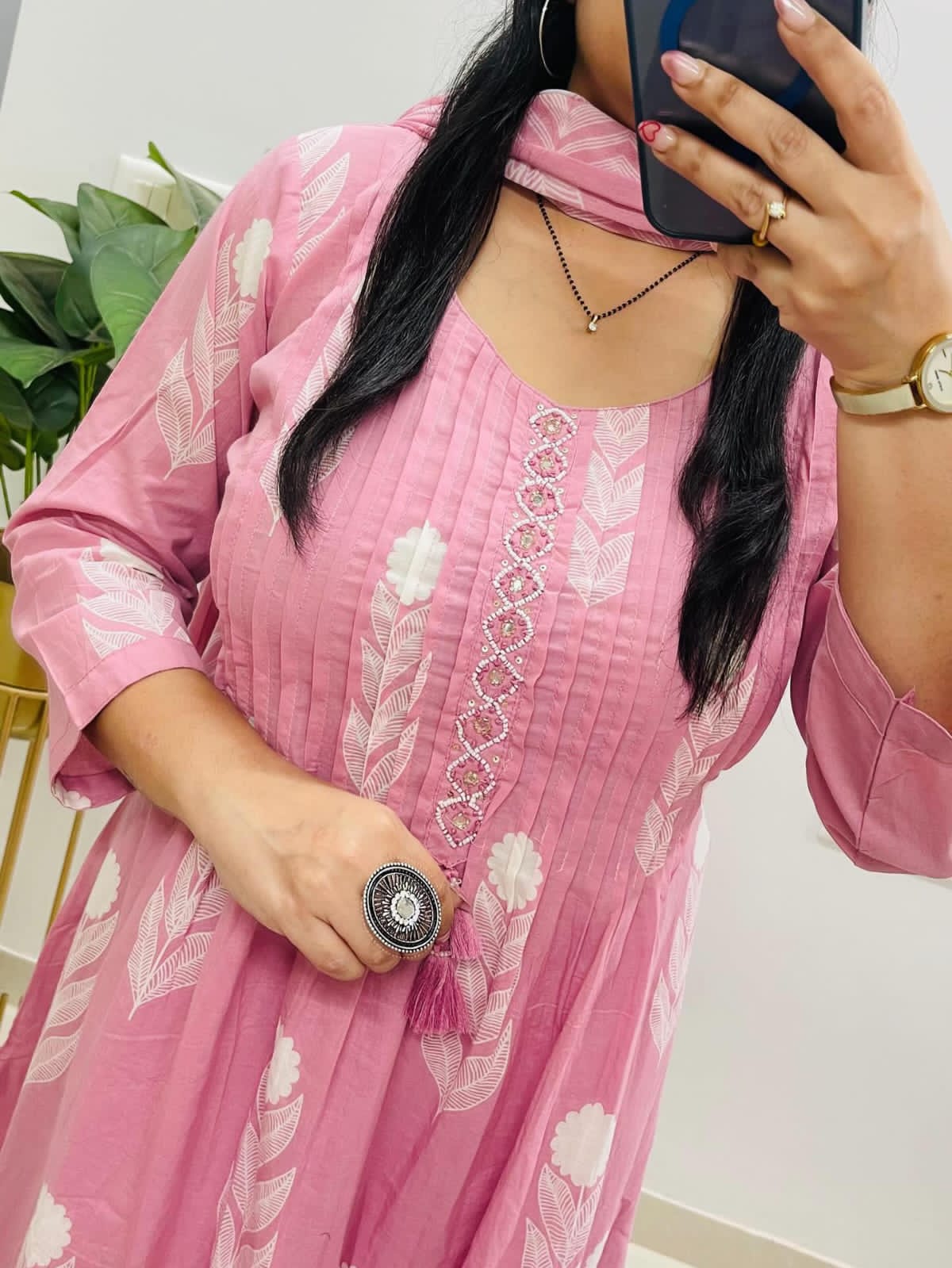 Pink Pure Cotton Floral Embroidered Kurta Set