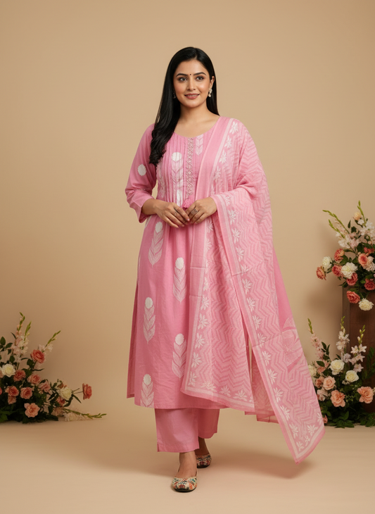 Pink Pure Cotton Floral Embroidered Kurta Set