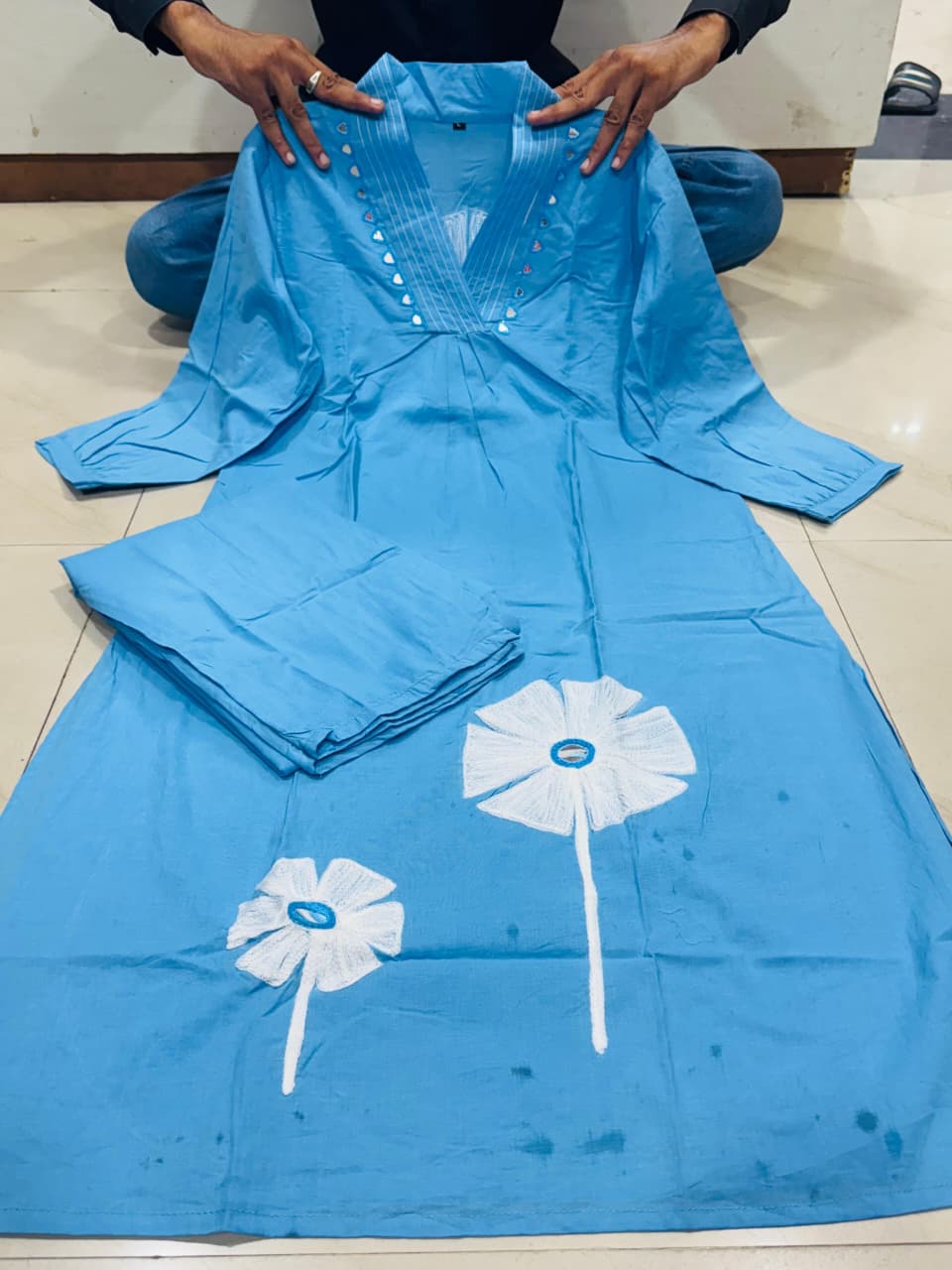 Sky Blue Floral Patchwork Cotton Mal Cord Set