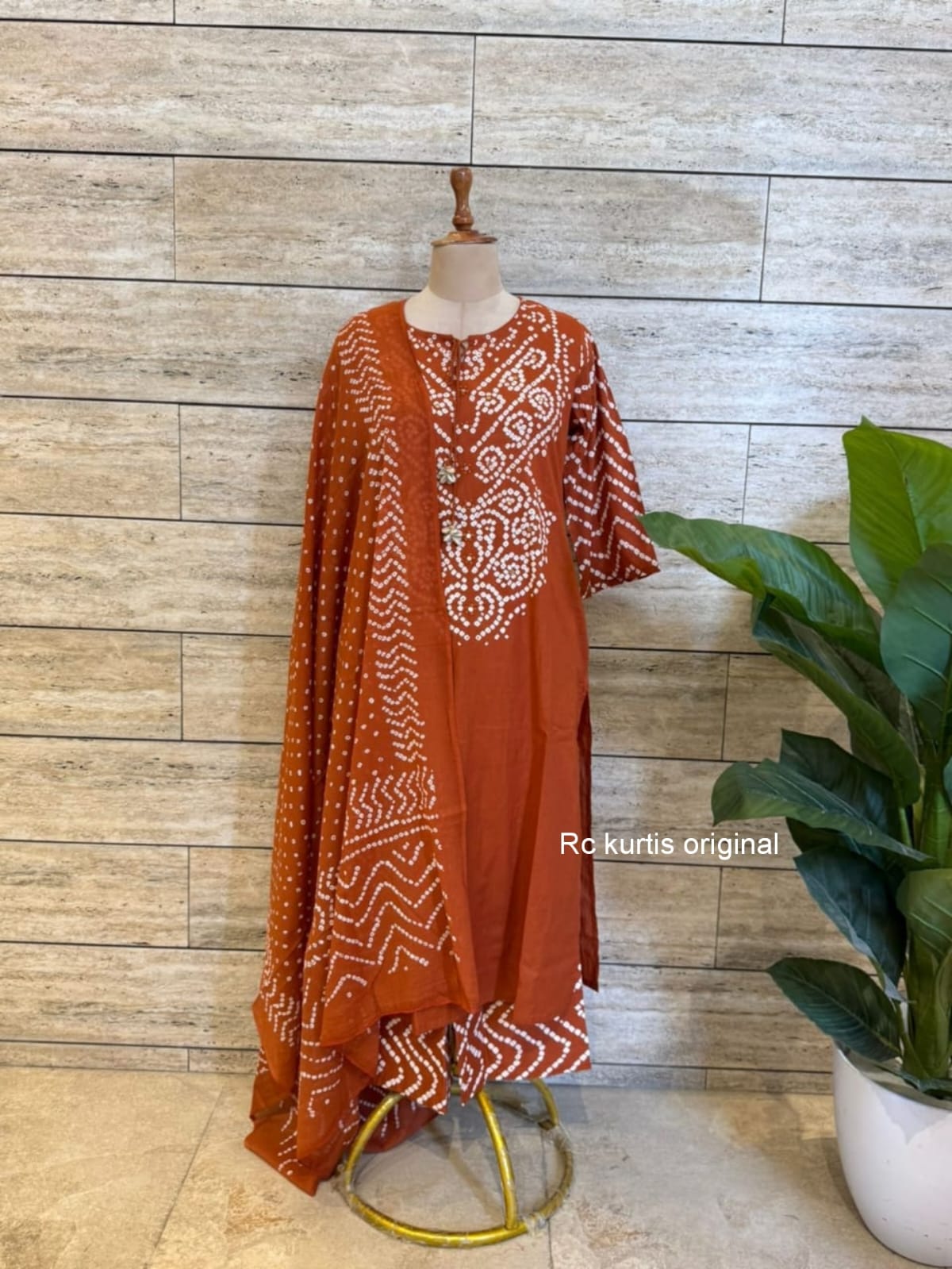 Rust Bandhej Cotton Kurta Set