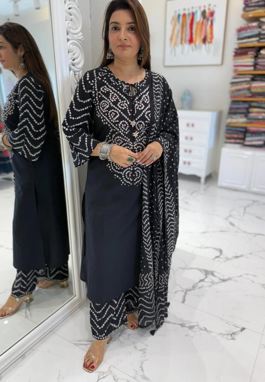 Navy Bandhej Printed Cotton Kurta Set