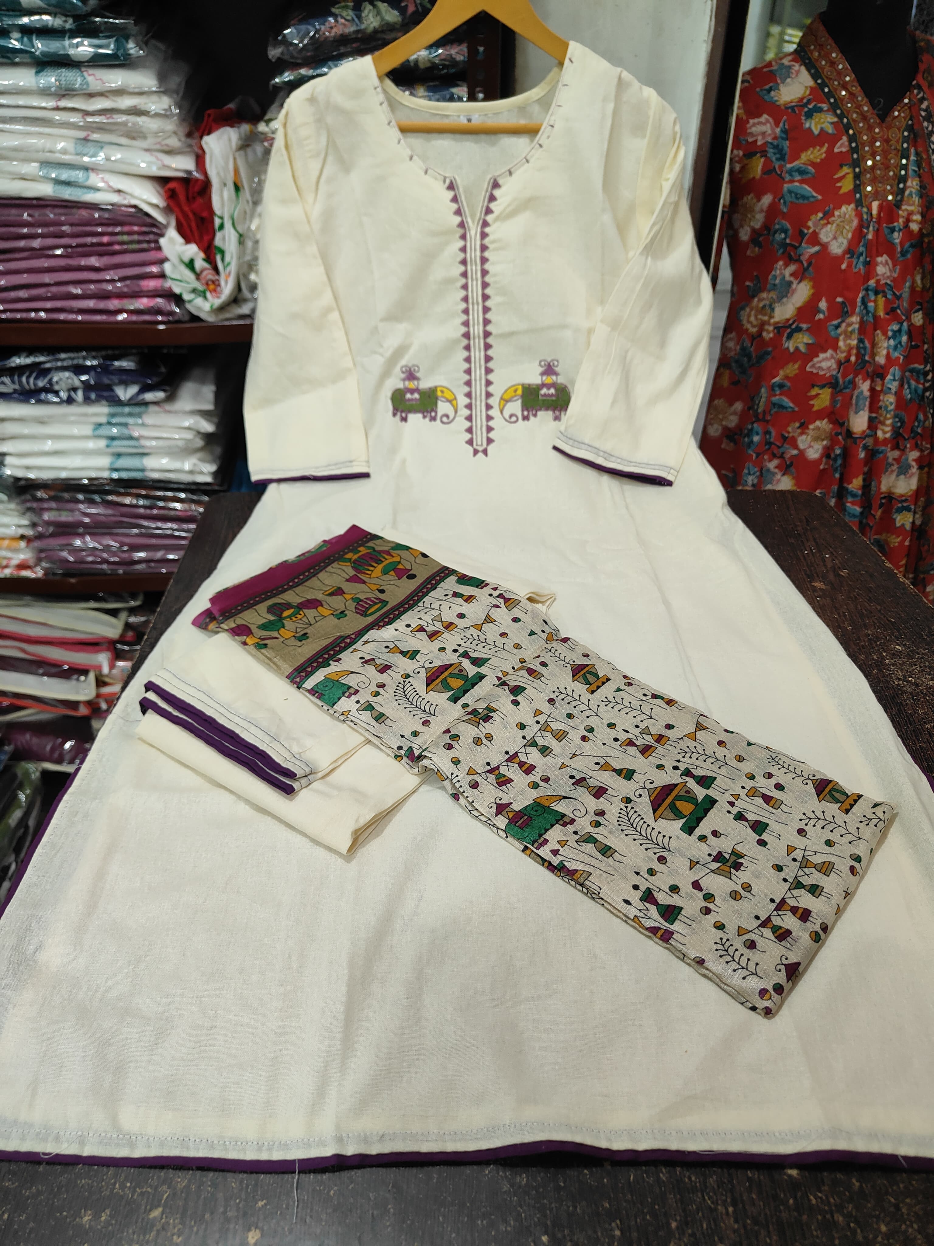 Ivory Cotton Flex Embroidered Kurta Set With Tribal Print Dupatta
