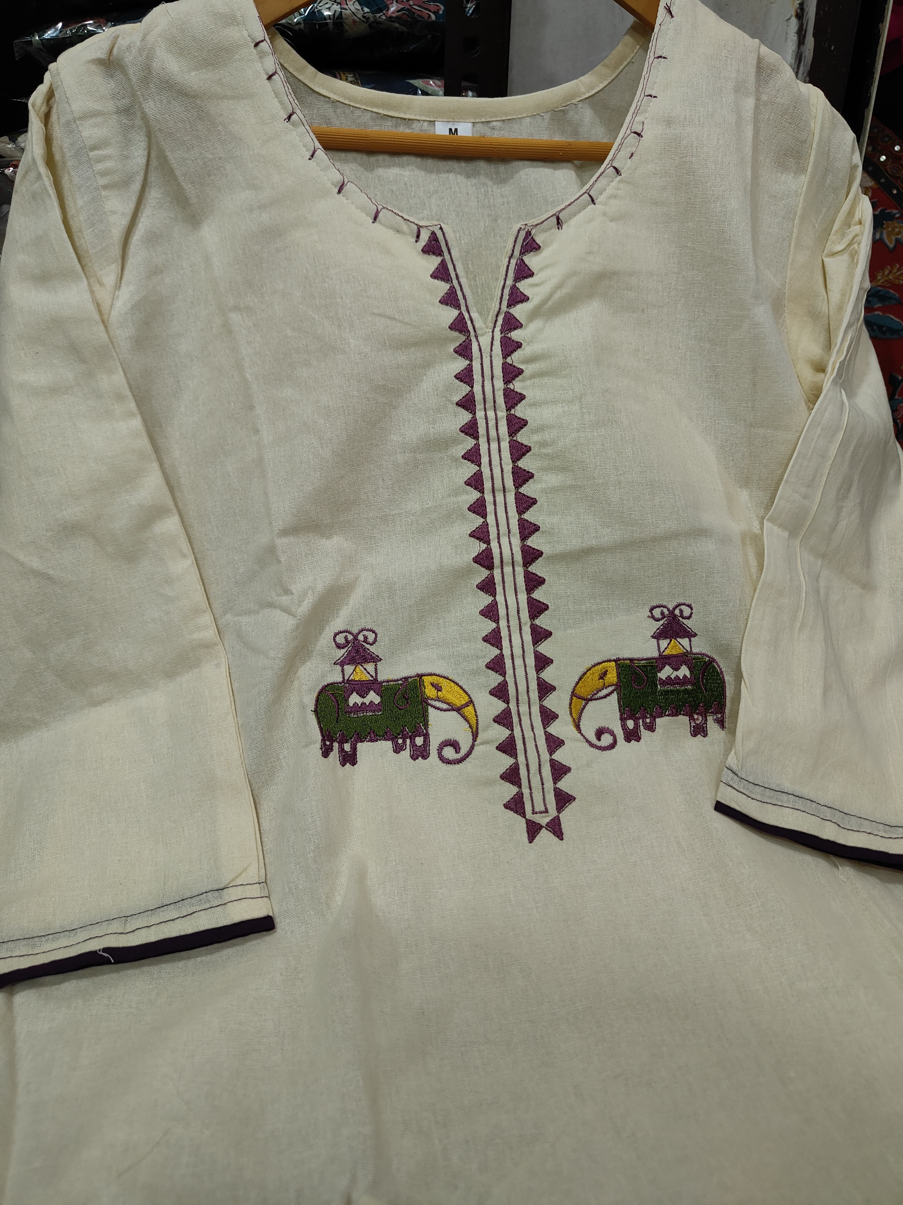 Ivory Cotton Flex Embroidered Kurta Set With Tribal Print Dupatta