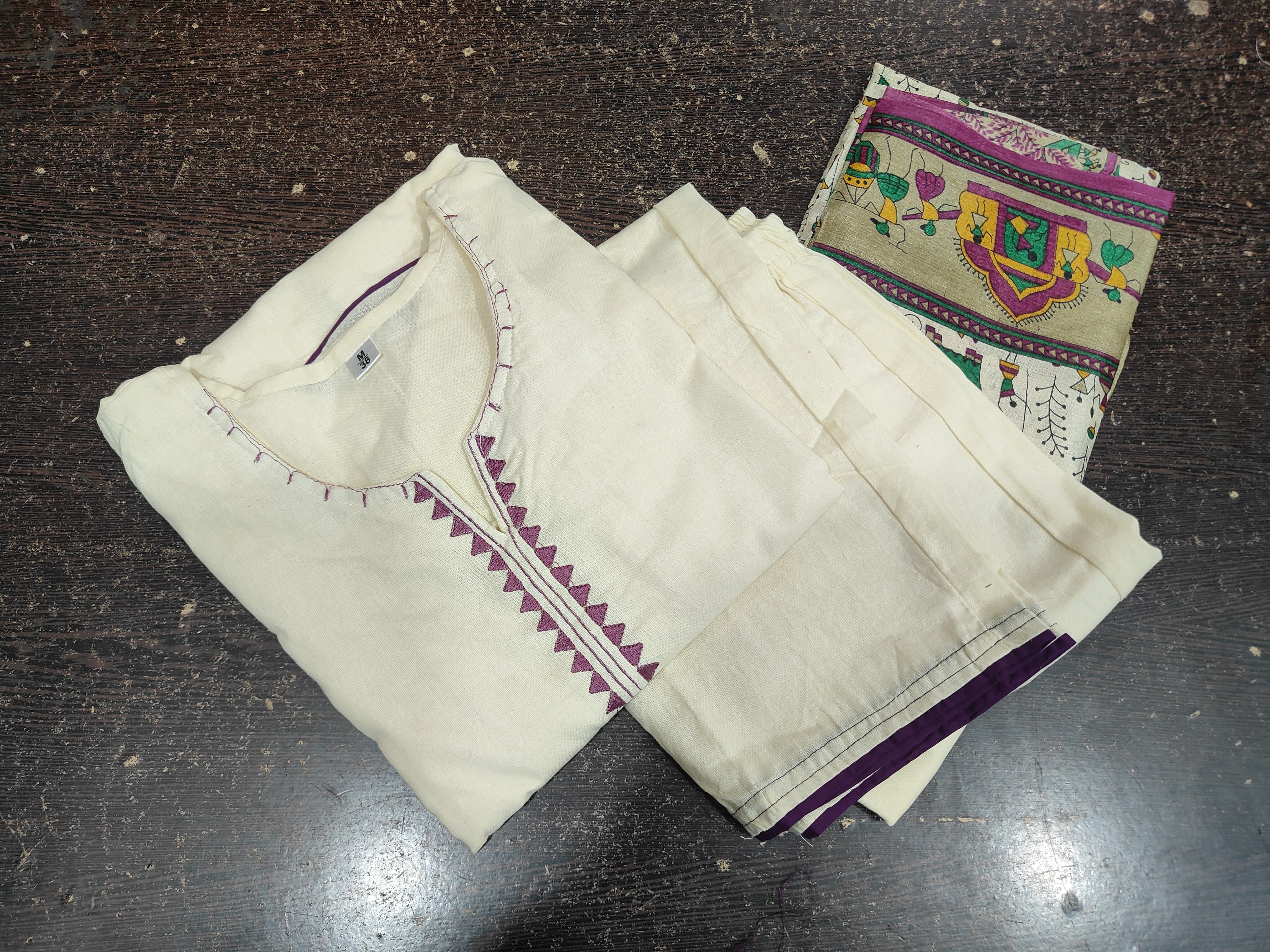 Ivory Cotton Flex Embroidered Kurta Set With Tribal Print Dupatta