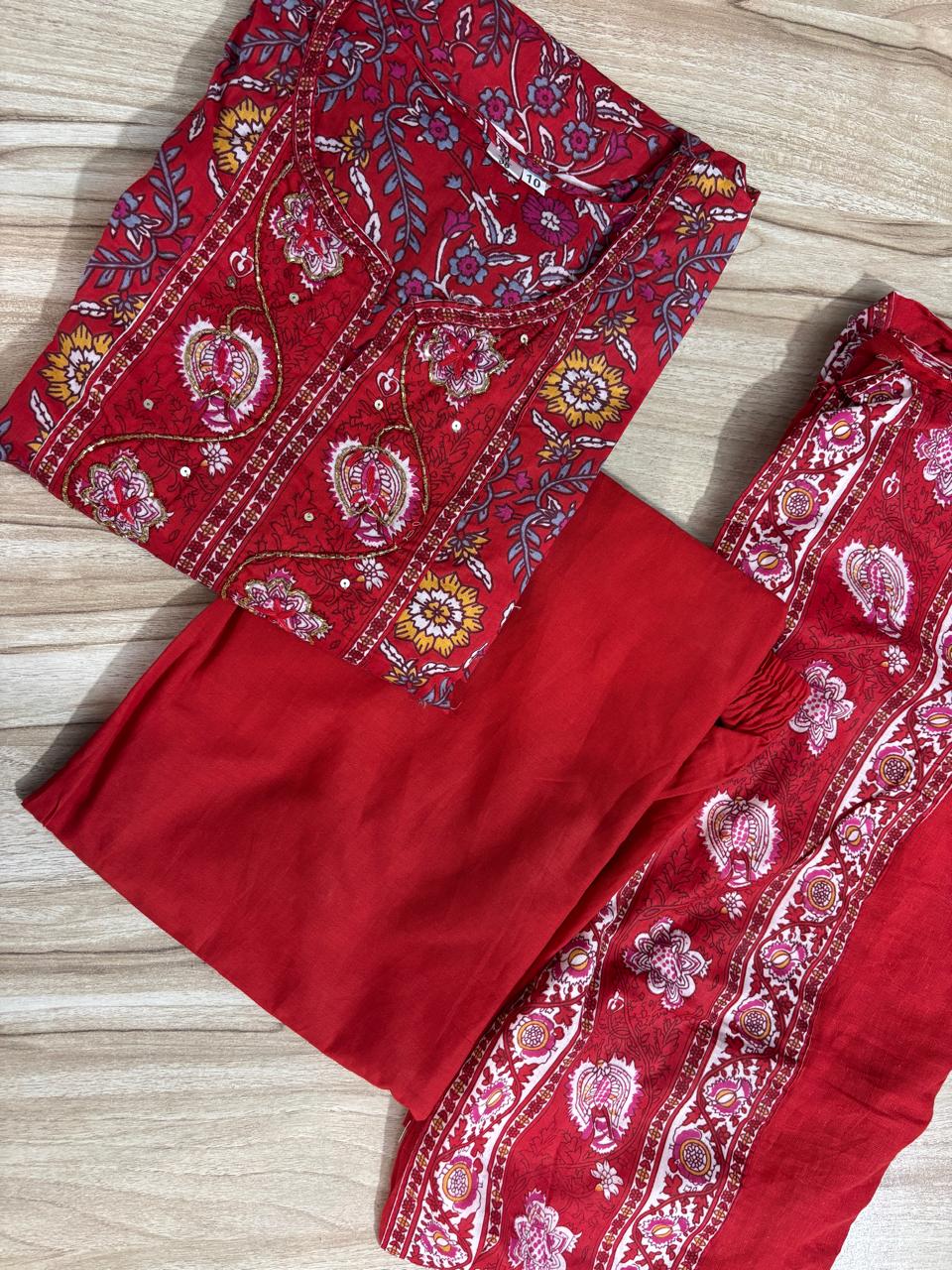 Red Anarkali Cotton Set with Malmal Dupatta