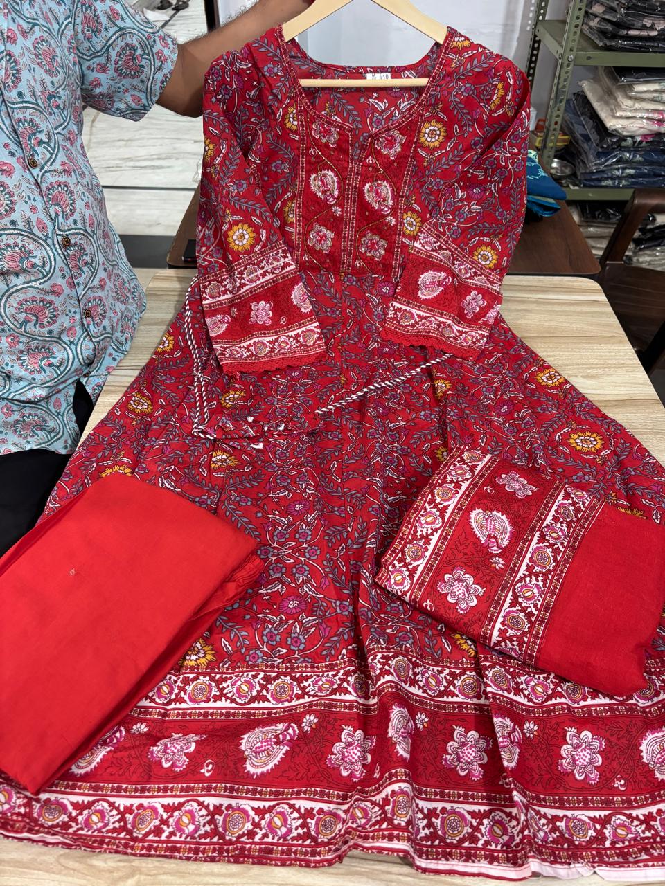 Red Anarkali Cotton Set with Malmal Dupatta