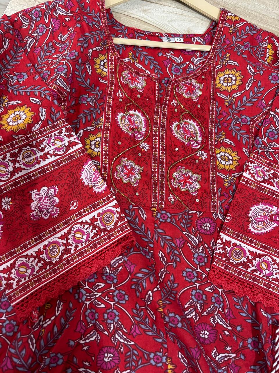 Red Anarkali Cotton Set with Malmal Dupatta