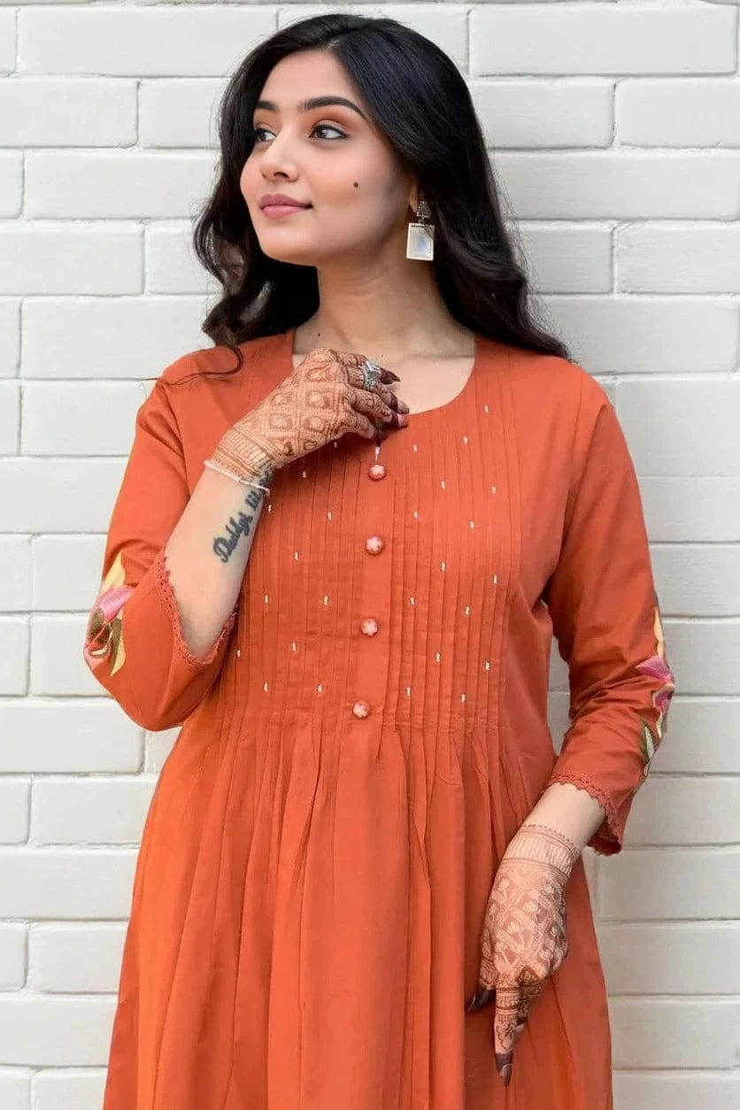 Rust Cotton Embroidered Anarkali Kurta Pant Set with Malmal Dupatta