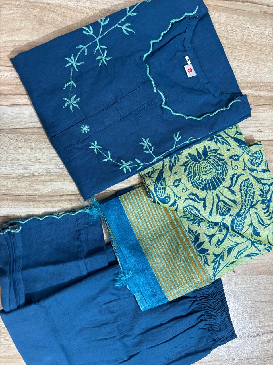 Teal Blue Cotton Flex Embroidered Kurta Pant Set with Chanderi Dupatta