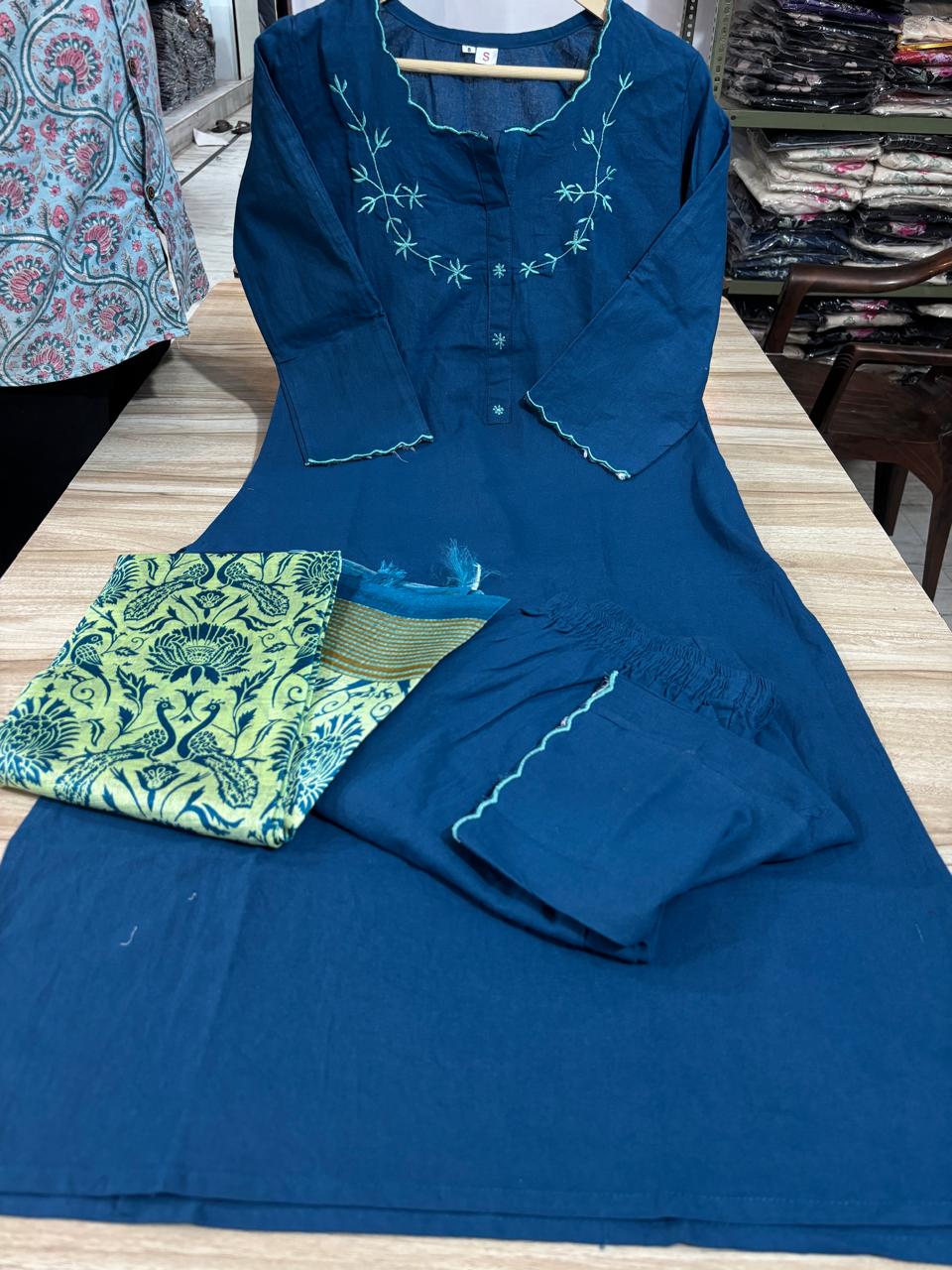 Teal Blue Cotton Flex Embroidered Kurta Pant Set with Chanderi Dupatta
