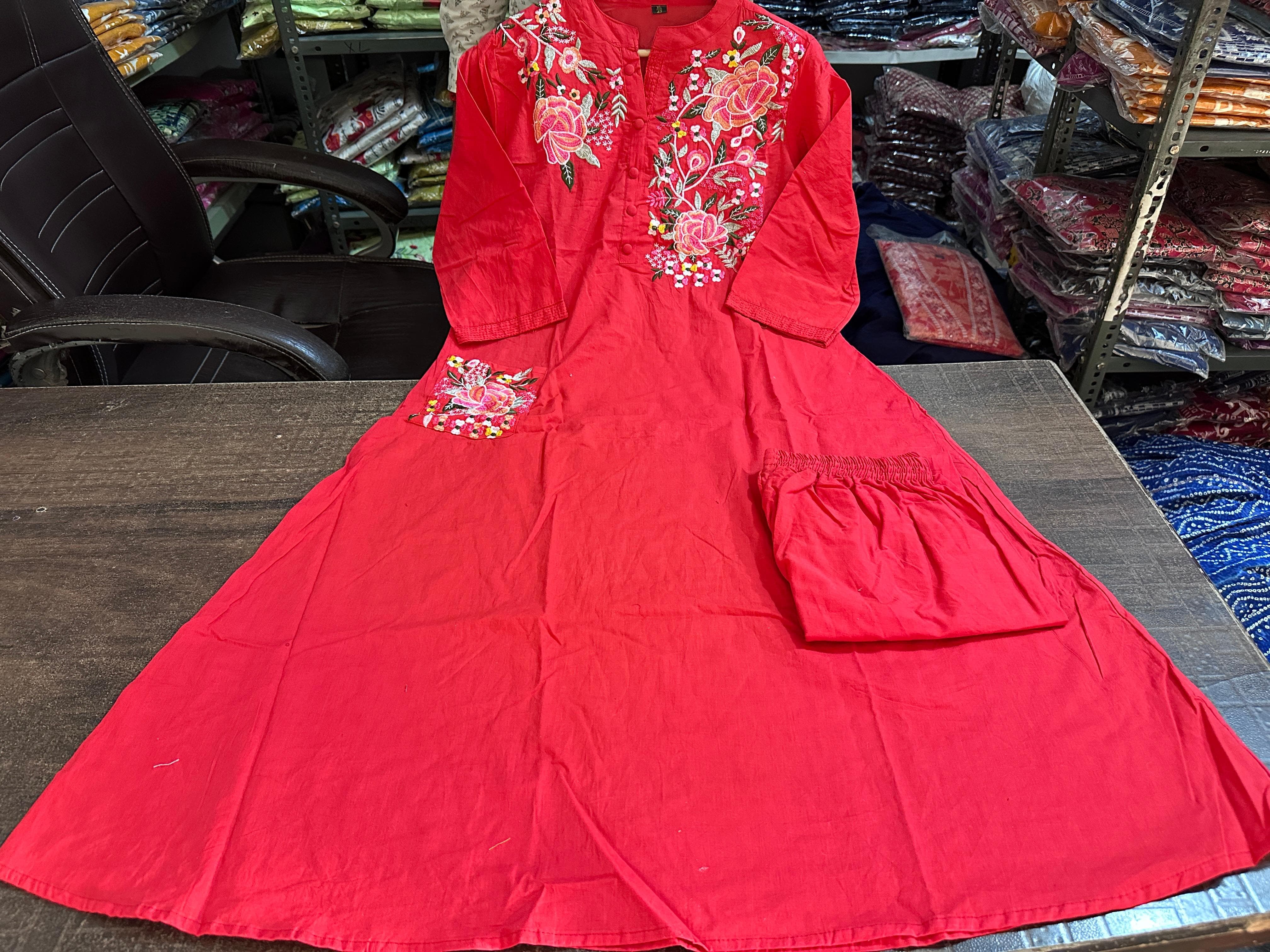 Red Cotton Embroidered Kurta Pant Set