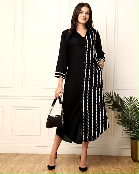 Black Striped A-Line Midi Dress